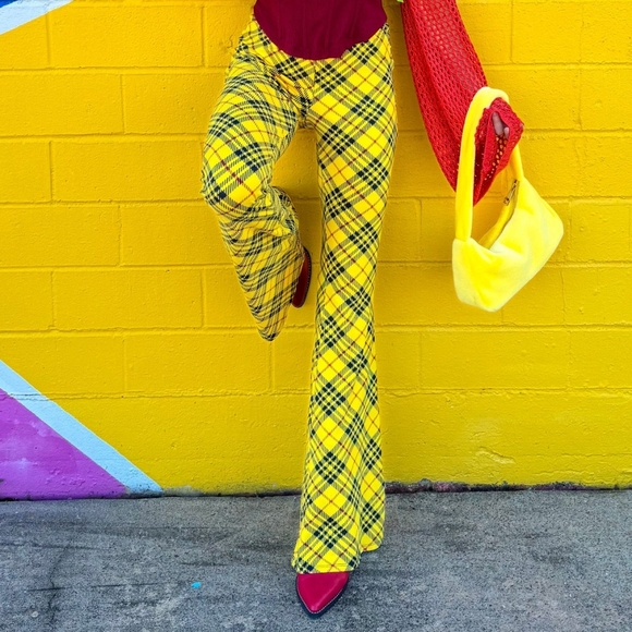 Bear Dance Pants - NEW Yellow Vintage Plaid Flare Bell Bottom Pants Medium